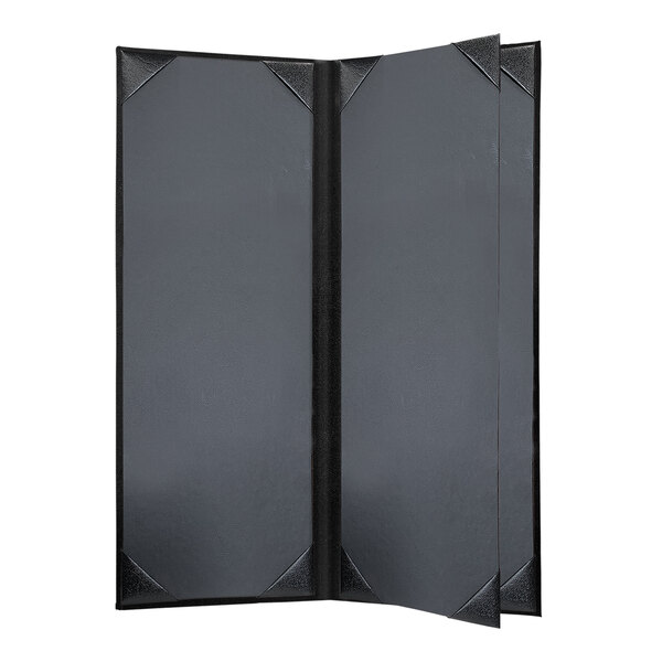 A black rectangular H. Risch, Inc. Tuxedo Leather menu cover with black corners.