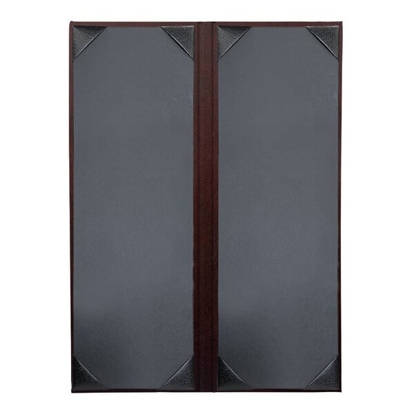 A grey board with a brown rectangular leather cover with a wooden frame.