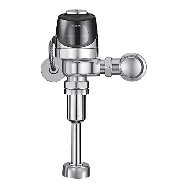 A Sloan chrome water valve for a toilet.