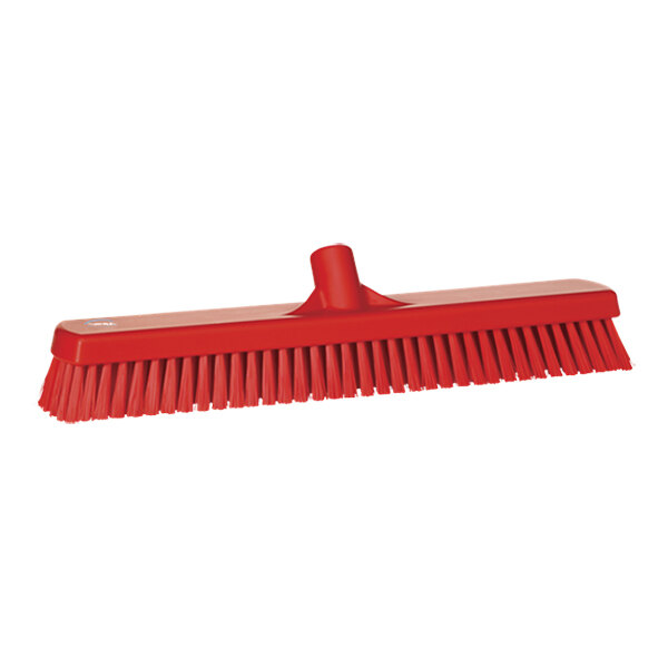 A red Vikan deck brush head with a long handle.