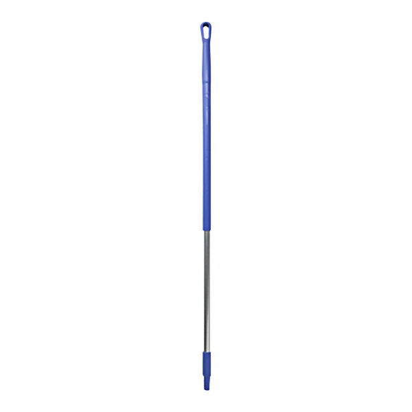 A purple aluminum handle with a blue and silver squeegee on a white background.