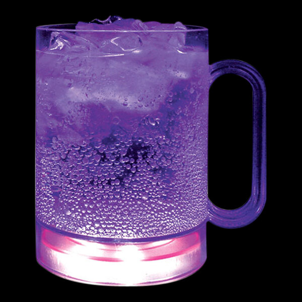 A purple plastic mug with a purple liquid and ice with a purple LED light inside.