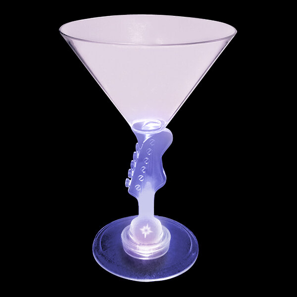 A clear plastic martini glass with a purple LED light on the stem.