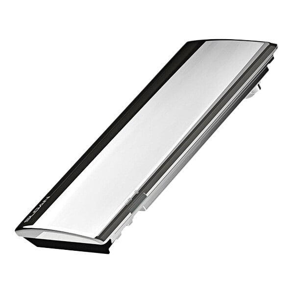 A silver and black rectangular object with a white cover.