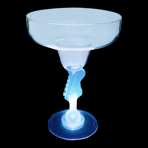 A customizable plastic margarita glass with a blue LED light on the stem.