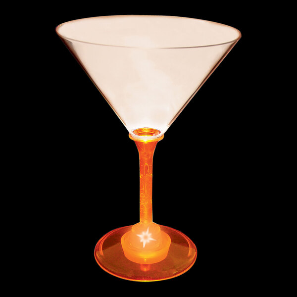 A customizable plastic martini glass with an orange LED light inside.