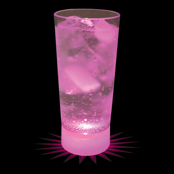 A 10 oz clear plastic cup with ice and a pink LED light.