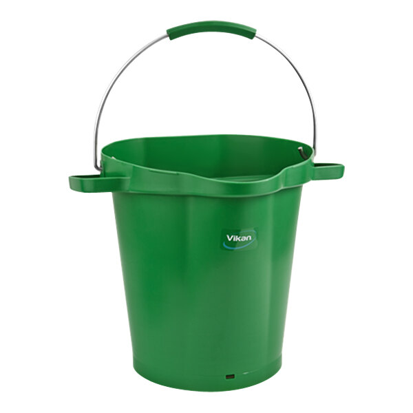 A green Vikan hygiene bucket with a handle.