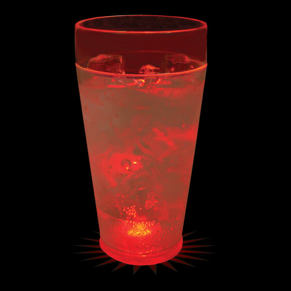 A customizable plastic cup with red LED light filled with red liquid and ice.