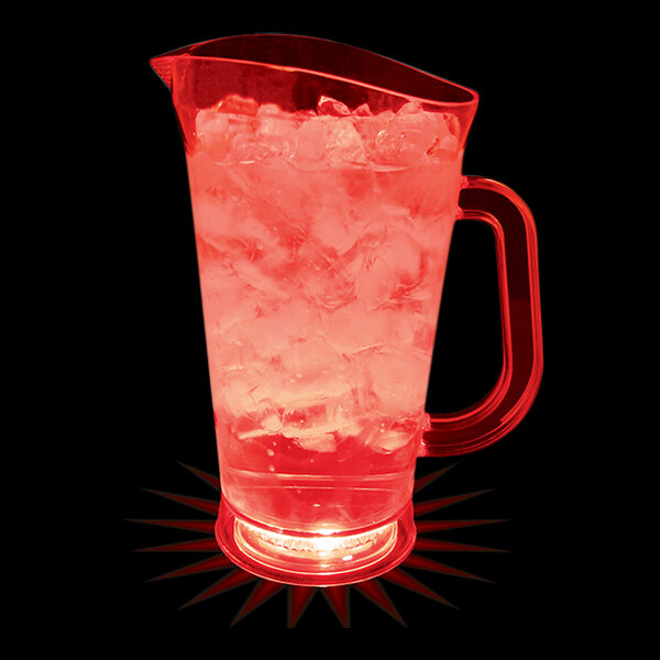 A red customizable plastic pitcher with ice and a red LED light.