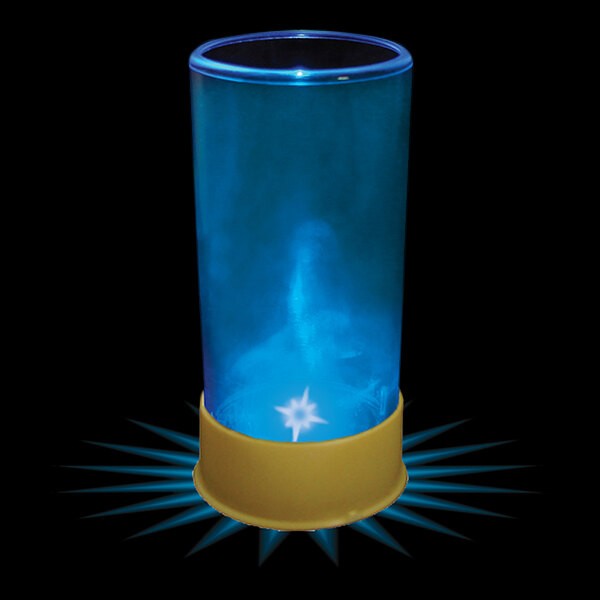 A blue plastic shot cup with a blue LED light and a star in it.