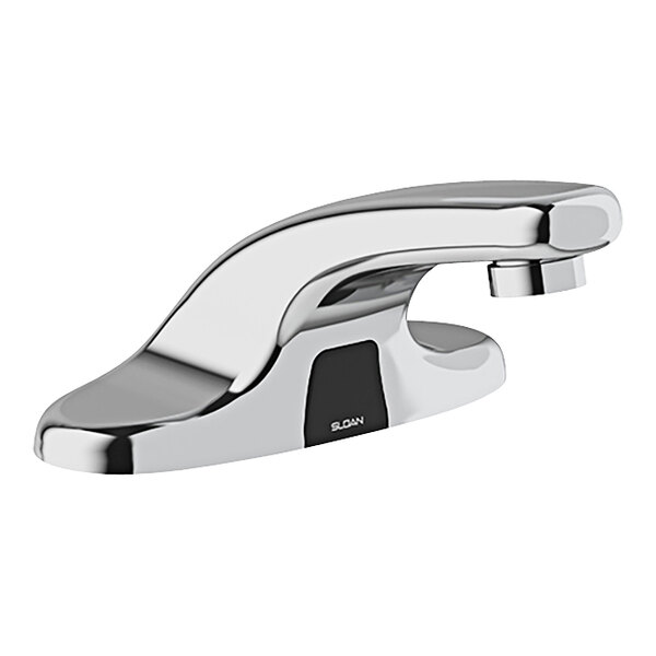 A Sloan polished chrome deck-mounted infrared sensor faucet with a multi-laminar spray device.