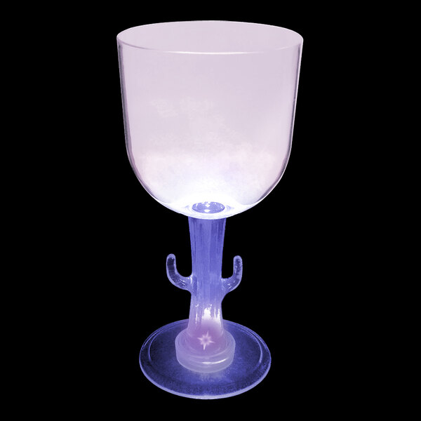 A clear plastic goblet with a cactus stem and a purple LED light inside.