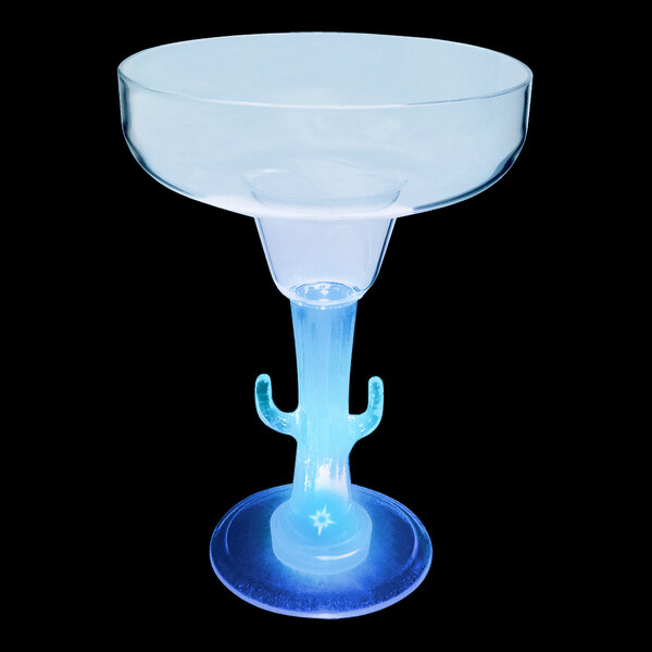 A clear plastic margarita cup with a cactus shaped stem with a blue LED light.
