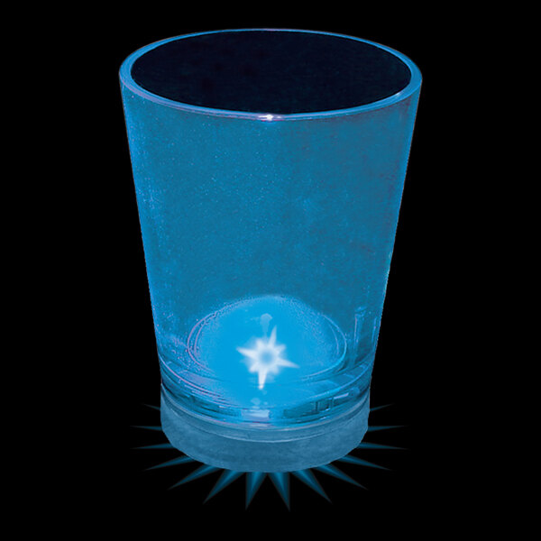 A blue plastic shot cup with a blue LED light inside.