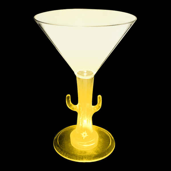A 7 oz yellow plastic martini glass with a cactus shaped stem.