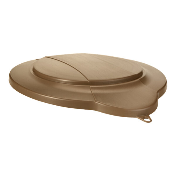 A brown plastic Vikan lid with a curved edge.