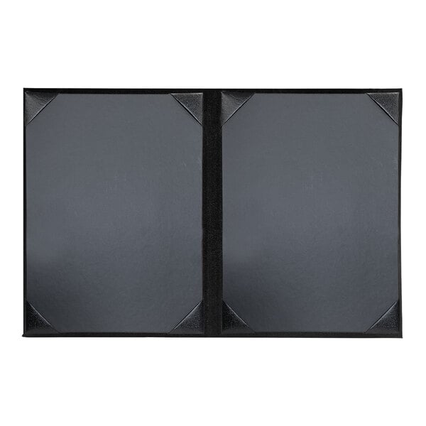 Two black tuxedo leather menu covers with picture corners.