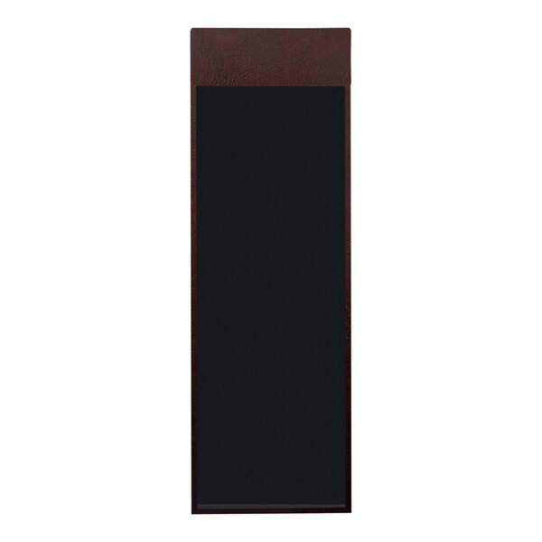 A rectangular black board with a brown edge.