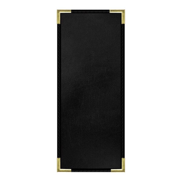 A black rectangular leather menu cover with gold corners.