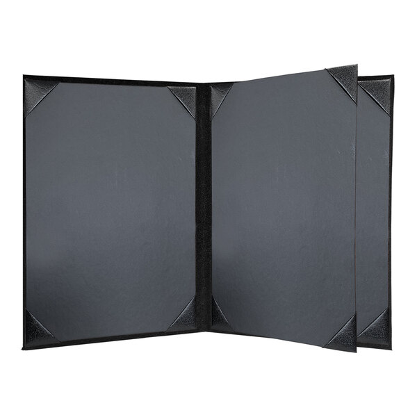 A black rectangular menu cover with black picture corners.