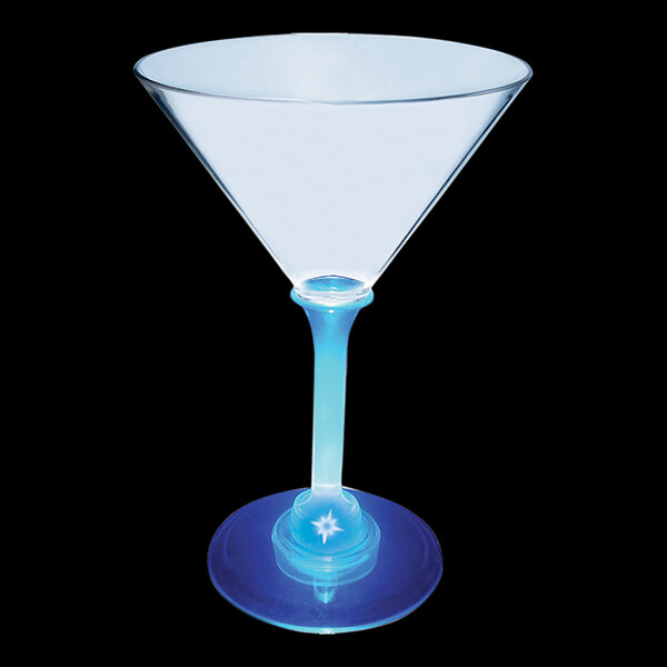 A clear plastic martini cup with a blue stem.