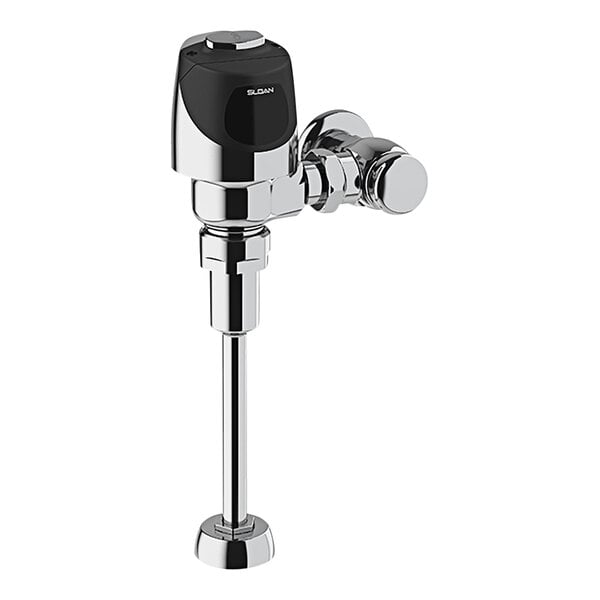 A Sloan chrome and black battery-powered water closet flushometer.