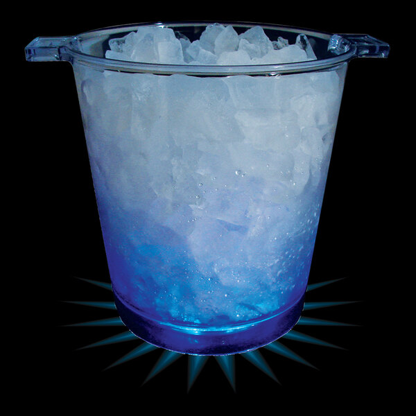 A customizable plastic ice bucket with blue LED lights filled with ice.