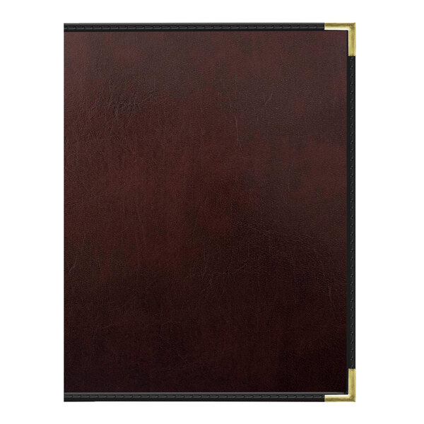 A brown leather H. Risch, Inc. menu cover with black trim and interior pocket.