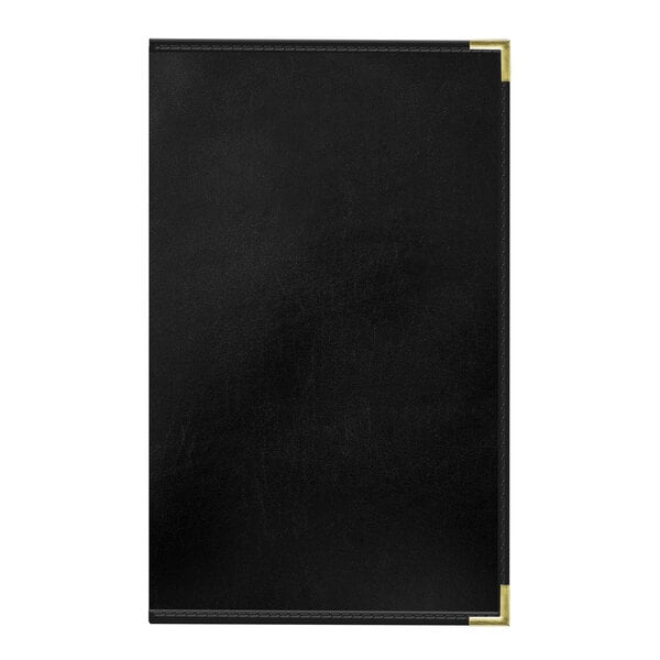A black leather menu cover with gold trim.