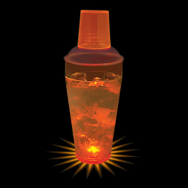 A customizable plastic cocktail shaker with an orange LED light inside.