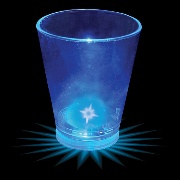 A customizable blue plastic shot cup with a blue LED light in it.