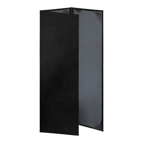 A black rectangular menu cover with grey picture corners.