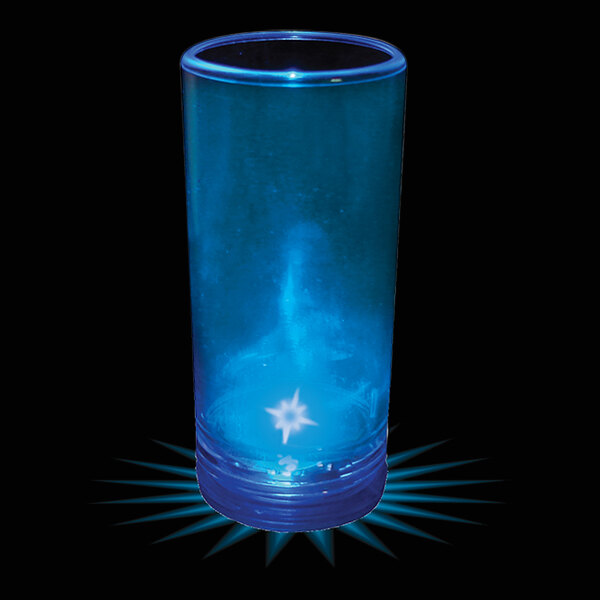 A close up of a blue plastic champagne shooter with a blue LED light inside.