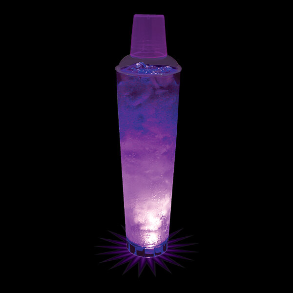 A purple drink in a 32 oz. plastic shaker cup with a purple LED light.