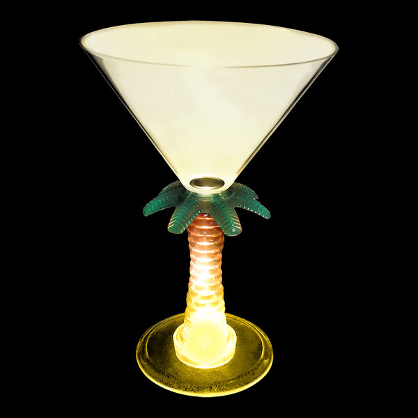A customizable plastic martini glass with a palm tree stem and a yellow LED light.