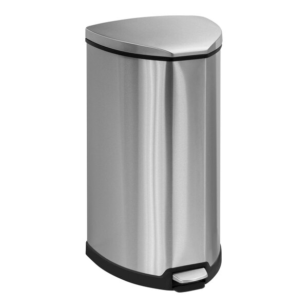 A Safco stainless steel step-on trash can with a black lid.