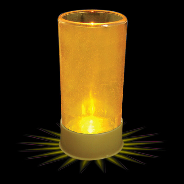 A 1.5 oz. plastic shotgun shell shot cup with a yellow LED light inside.