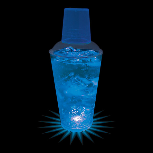 A customizable plastic cocktail shaker with a blue LED light on top filled with ice.