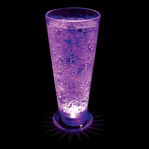 A customizable plastic Pilsner cup with purple LED light inside of it.