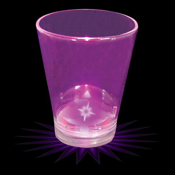 A white customizable 1.5 oz. purple plastic shot cup with a star design on it.