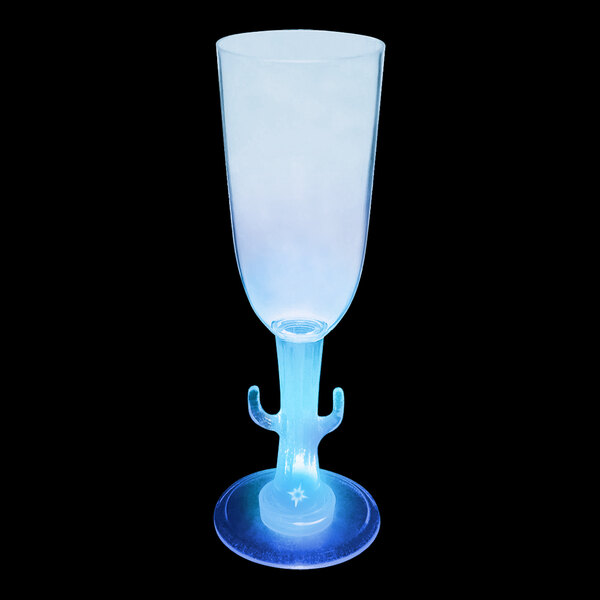A clear plastic cactus stem champagne cup with blue LED light.