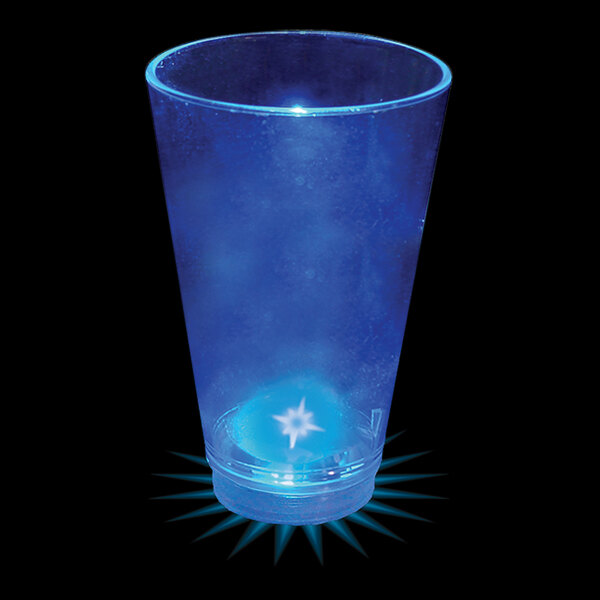 A customizable blue plastic shot cup with a blue LED light in it.