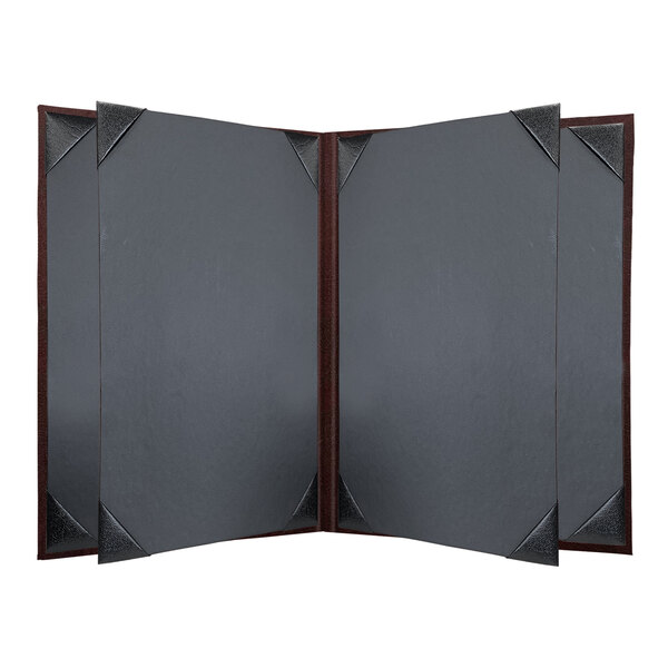 A brown Wine Tuxedo leather menu cover with black corners.