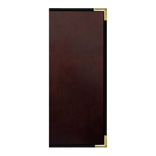 A brown leather H. Risch, Inc. Wine Tuxedo menu cover with gold trim.