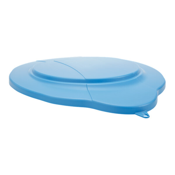 A blue plastic Vikan lid for a bucket with a hole in it.