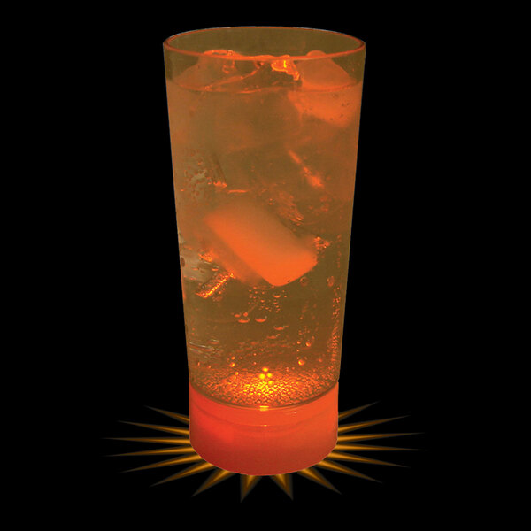 A 10 oz plastic cup with ice and a drink, with an orange LED light.