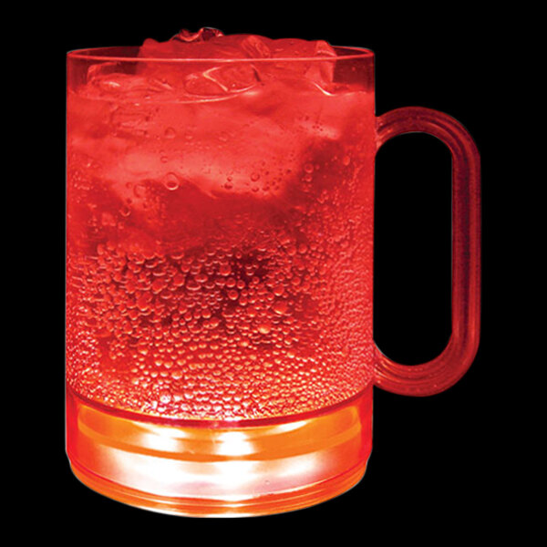 A 16 oz. plastic mug with a red LED light filled with a red drink and ice.