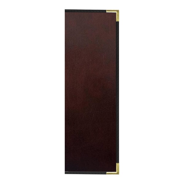 A rectangular brown leather menu cover with black trim and interior pockets.
