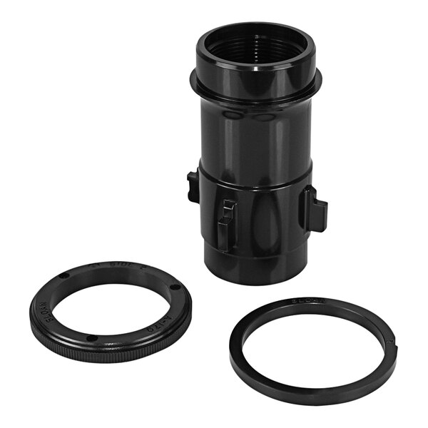 A black plastic Sloan urinal diaphragm guide assembly pipe with two rubber rings.